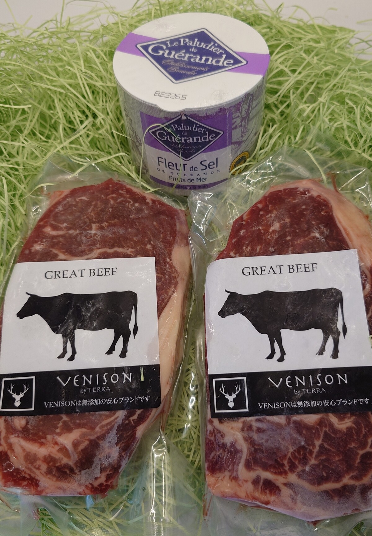 『肉の旨味ステーキセット』<BR>NZ産高級グラスフェッドビーフ<BR>リブロースステーキカット+仏ゲランド天日塩